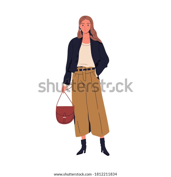 流行の服を着たおしゃれな若い女性のベクター画像フラットイラスト 白い背景にハンドバッグを持つスタイリッシュな人 現代のアパレルに身を包んだ愛らしい 女性が 街並みや服装を見せる のベクター画像素材 ロイヤリティフリー