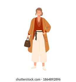 Fashionable young woman wearing trendy outfit and accessories. Female character in modern oversize clothes holding bag. Flat vector cartoon illustration isolated on white background