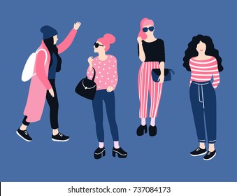 Mulheres jovens de moda em estilo casual. Vector mão desenhado conjunto elegante com meninas. Design brilhante.