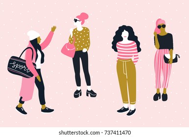 Fashionable young women in casual style.  Vector hand drawn stylish set with pretty girls. Trendy bright design.