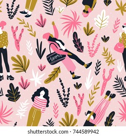 Fashionable young women in casual style with tropical leaves on the pink polka dot background.  Vector hand drawn stylish seamless pattern with girls. Bright fabric design.