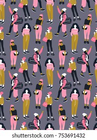 Fashionable young women in casual style on the grey background.  Vector hand drawn stylish seamless pattern with girls. Bright fabric design.