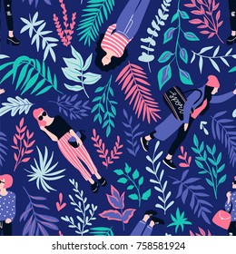 Fashionable young women in casual style with tropical leaves on the dark background. Vector hand drawn stylish seamless pattern with girls. Tropical fabric design.