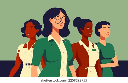 Fashionable Young Women Characters Together On Green And Blue Background.