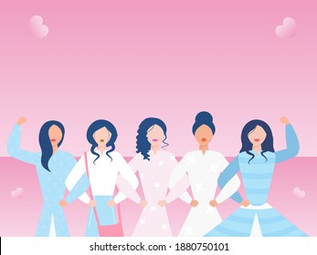 Fashionable Young Women Group Together With Showing Biceps On Glossy Pink Background.