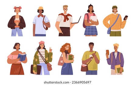 Fashionable youth with books and backpacks. Students from high school or college, university pupils. Men and women with smiling expression on faces. Vector illustration in flat cartoon style