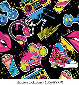 Fashionable youth pattern with tape recorder, headphones, dumbbells, sports bottle, sneakers and lips. Repeated bright pattern for  textile, sport clothes, wrapping paper,  T-shirts,  web. 
