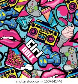 Fashionable youth pattern with tape recorder, headphones, dumbbells, sports bottle, sneakers and lips. Repeated bright pattern for  textile, sport clothes, wrapping paper,  T-shirts,  web. 
