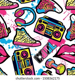 Fashionable youth pattern with tape recorder, headphones, dumbbells, sports bottle, sneakers and lips. Repeated bright pattern for  textile, sport clothes, wrapping paper,  T-shirts,  web. 
