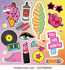 Fashionable, youthful, cool pop art set, collection of bright stickers of strange ice cream with eyes, lips, cat, eye, record with cassette, sneaker, lipstick, perfume, batteries. Teen background.