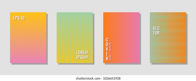 Fashionable zig zag lines gradient texture curves background for business cover. Wavy stripes and zig zag vector halftone lines texture prints collection in yellow, orange, pink, blue, puprle colors.