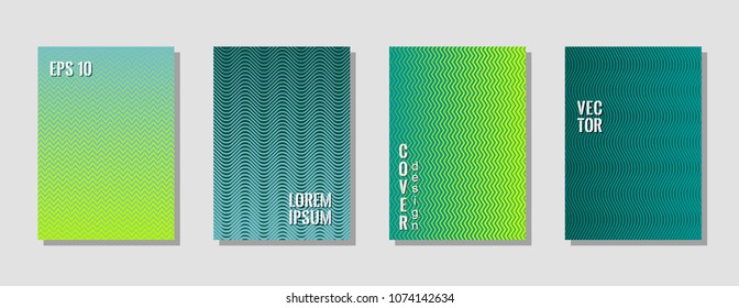 Fashionable zig zag lines gradient texture curves background for educational cover. Wavy stripes and zig zag vector halftone lines texture flyers collection in sea green, blue, turquoise colors.