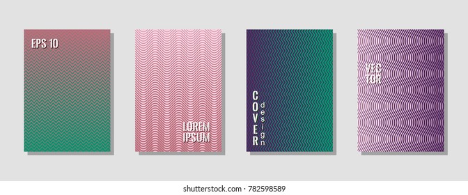 Fashionable zig zag lines gradient texture curves background for music party cover. Wavy stripes and zig zag vector halftone lines texture journal covers set in pink and green.