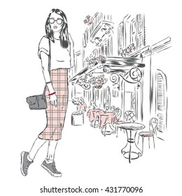 Fashionably dressed girl on the background of a city street. Vector illustration for greeting card, poster, or print on clothes. Fashion & Style. Beautiful girl.