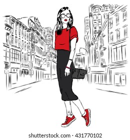 Fashionably dressed girl on the background of a city street. Vector illustration for greeting card, poster, or print on clothes. Fashion & Style. Beautiful girl.