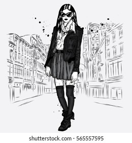 Fashionably dressed girl on the background of a city street. Vector illustration for greeting card, poster, or print on clothes. Fashion & Style. Beautiful girl.