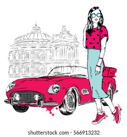 Fashionably dressed girl on the background of a city street and car. Vector illustration for greeting card, poster, or print on clothes. Fashion & Style. Beautiful girl.