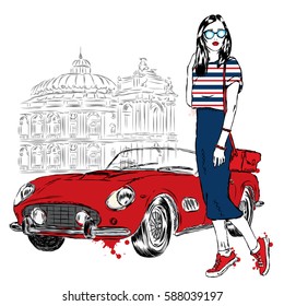 Fashionably dressed girl on the background of a city street and car. Vector illustration for greeting card, poster, or print on clothes. Fashion & Style. Beautiful girl.