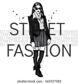 Fashionably dressed girl. Vector illustration for greeting card, poster, or print on clothes. Fashion & Style. Beautiful girl.