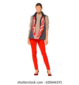 Fashionably dressed young woman standing. Vector isolated illustration