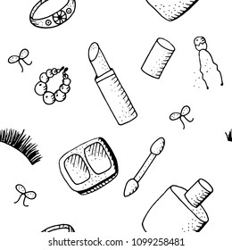 Fashion/Cosmetics seamless pattern.Black and white contour monochrome.