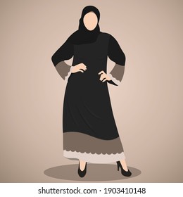 Fashioned arabic muslim woman in hijab and beautiful fashion abaya, model from UAE or Saudi Arabia, islamic traditional clothes vector illustration