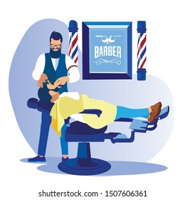 Fashioned Bearded Barber Styling Client Beard with Straight Razor in Men Beauty Salon Barbershop. Customer Lying on Transforming Armchair in Hipster Grooming Place, Cartoon Flat Vector Illustration