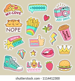 Fashioned girl badges, cute stripes and cartoon patches. Teenage fun doodle badge with hipster fashion sneakers, cute food and camera colorful yellow cyan pink icon vector isolated symbol stickers set