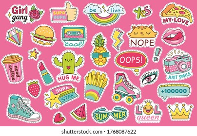 Fashioned girl badges, stickers with rainbow and burger, sneaker and glasses, lipstick and watermelon. Pins and patches isolated on pink background in comic style vector illustration