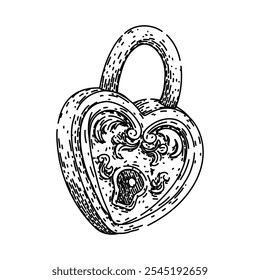 fashioned padlock vintage hand drawn. rustic ornate, historic timeless, unique rare fashioned padlock vintage vector sketch. isolated black illustration