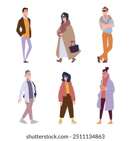 Gente de moda. Personajes masculinos y femeninos de pie en ropa de estilo moderno casual Vector exacto trajes urbanos colección