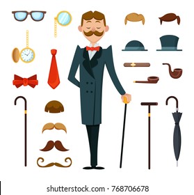 Fashioned retro gentleman with different accessories of victorian style. Creation mascot kit. Fashion gentleman vintage style with mustache and glasses, illustration