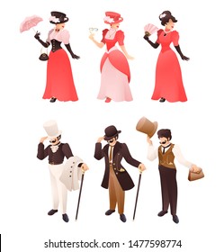 Fashioned retro victorian lady and gentleman with different accessories. Fashion gentleman character with cane, hat, suit. Vintage woman with umbrella, fan, monocle. Vector cartoon illustration