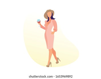 Fashioned Woman Model in Trendy Clothing Walking with Glass of Wine Isolated on White Background, Girl Posing in Pink Tight Dress with Deep Neckline, Hat and Heels, Cartoon Flat Vector Illustration