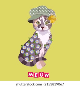 Fashionista cat in fashionable cap is decorated with chamomile flowers on green background of lettuce shade in vector. Beautiful postcard, print for t-shirt, napkin, pillow, handkerchief.