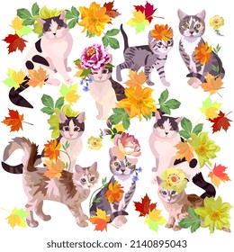 
Fashionista cats in luxurious flower hats among garden flowers, fallen autumn maple leaves on white background in vector. Seamless animal pattern with Chinese New Year 2023 symbols. Romantic print.