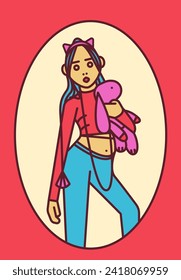 Fashionista cool girl gives a kiss and holds a rabbit doll; Flat illustration in Manga style for print, sticker and merchandise