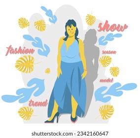 Fashionista girl. Flat character design. Template for posters, advertising boards, covers, postcards, booklets, invitations to fashion shows and other projects. Vector.