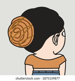 Fashionista Girl With Her Back View Of Top Knot Coffee Bun Hairstyle Concept Card Character illustration