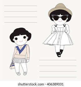 Fashionista Girls Character Paper Note Design illustration