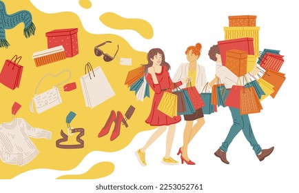 Fashionista or shopaholic female characters during sales, flat vector illustration isolated on white background. People surrounded with purchased items carrying bags.