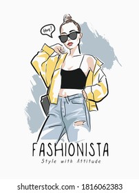 fashionista slogan with fashion girl hand drawn illustration