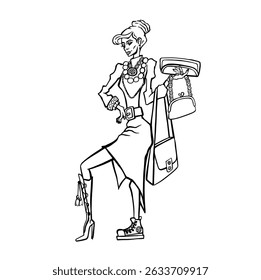 fashionista trying on purchases line vector illustration hand drawn