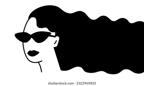 Mujer de moda con gafas de sol en los ojos de gato, dibujos animados en blanco y negro.