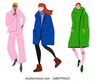Fashionista women in face mask. Novel coronavirus, 2019-nCoV, COVID-19, people in medical face mask. Concept of coronavirus quarantine vector illustration.