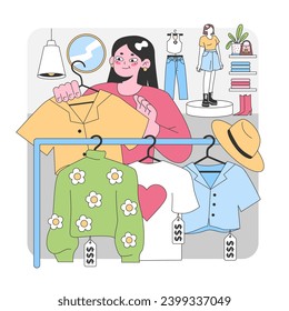 Momento de elección de la moda. Una mujer encantadora sostiene una camisa, rodeada de ropa de moda y de un elegante ambiente boutique. Diversión en la sala, decisiones de estilo. Ilustración vectorial plana