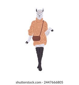 A fashion-savvy alpaca in an oversized sweater and thigh-high boots. Vector illustration of a trend-setting animal with a chic urban look.