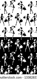 Fashion/Shopping background Black and white-girls shopping silhouettes seamless background pattern, wallpaper.