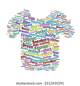 Fashion-Themed Word Cloud in Shirt Shape. Composition of Words Related to Apparel Clothing and Style. Isolated White Background.