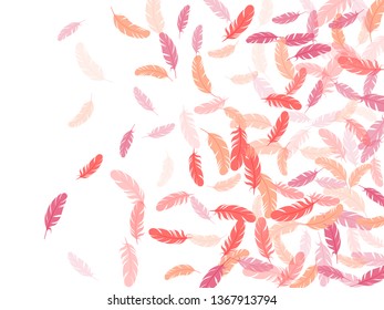 Fashoinable pink flamingo feathers vector background. Decorative confetti of festive plumelet. Plumage glamour fashion shower decor. Detailed majestic feather on white design.